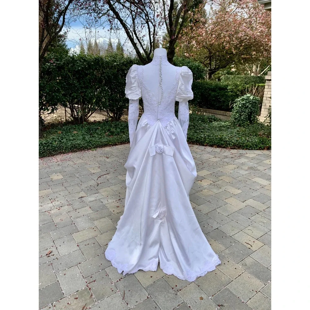 Vintage 80s Poof Sleeve Wedding Dress Victorian Edwardian Cottage Core SZ ~6-8P - Picture 7 of 14